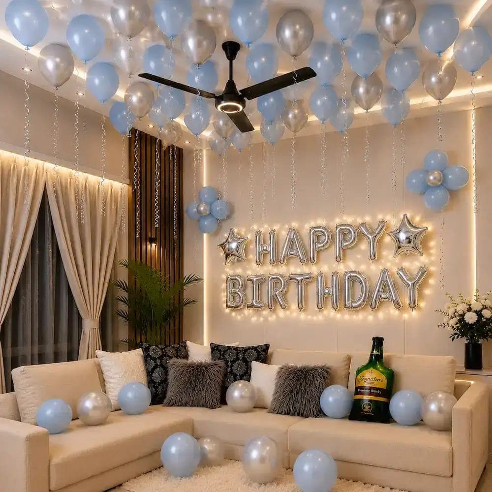 Elegant Blue & Silver Birthday Balloon Decoration photo 1