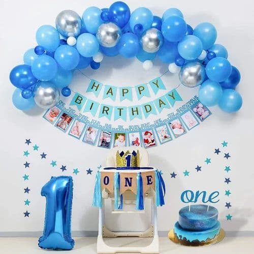 Royal Blue & Silver First Birthday Balloon Decoration photo 1